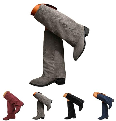 Breda stövlar dam vikbar över, knähöga stövlar dam med blockklack vinterstövlar spets cowboystövlar retro damstövlar bekväma slip-stövlar casual skaftstövlar läder halvstövlar