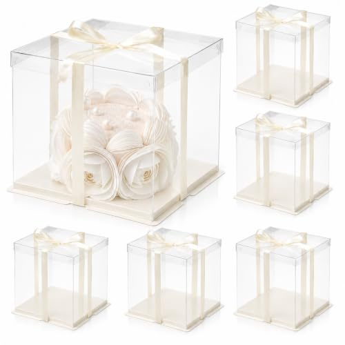 xilianBPK 6 Stück Geschenkbox Durchsichtig, 26x26x24cm Tortenschachtel Tortenbox, Doppellagig Durchsichtige Geschenkbox, Mit Boden und Band, Torten Transportboxen für Geburtstag Dessert, Tortenkarton