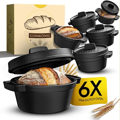 GUSSKÖNIG Mini molde de hierro fundido para hacer pan, 6 x 300 ml, olla de pan con tapa, mini horno holandés horneado para hornear pan, pequeñas ollas de hierro fundido para mini panes, incluye libro