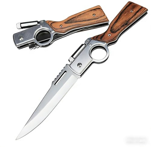 Verkto Jagd-Klappmesser mit Holzgriff, 2-in-1 Multifunktions-Überlebensmesser, für Camping, Jagd und Angeln