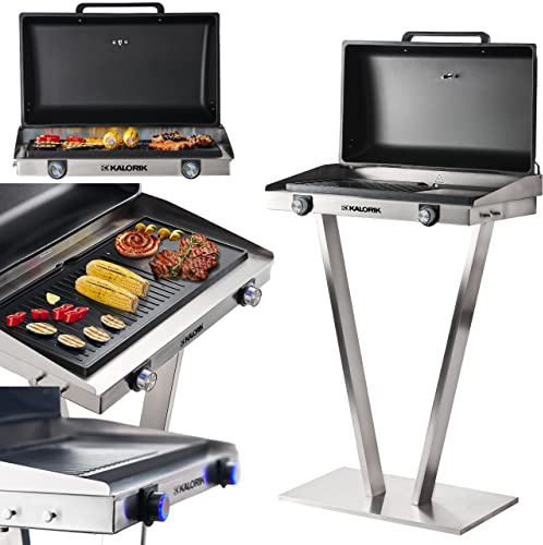Kalorik TKG EBBQ 1002 L XXL Elektrogrill mit Standfuß und Deckel, 2500W Standgrill Elektro aus Edelstahl, Großer Balkongrill Elektrisch mit 2 Kochzonen & Thermometer, Silber/Schwarz