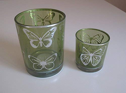 Windlicht 12cm und Windlicht 8cm aus Farbglas mit Schmetterlingen (Grün)
