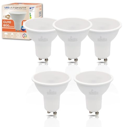 LED ATOMANT Confezione da 5 Lampadine LED GU10 8W, Colore Bianco Caldo (3000K), 800 Lumen, Equivalente a 80W Tradizionale