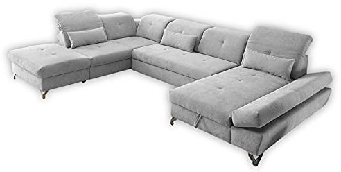Stella Trading MELFI Wohnlandschaft in U-Form, Stoffbezug Silber - Ausziehbares Sofa mit Schlaffunktion & Bettkasten - 350 x 73 (96) x 245 cm (B/H/T)