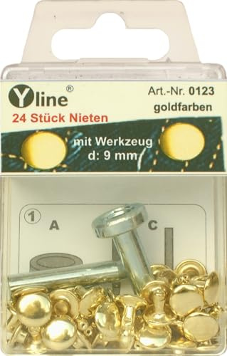 24 st. nitar 9 mm guldfärger med verktyg (hålnitar) i SB blister, 0123