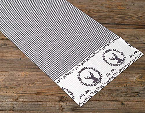 Tischläufer RESI kariert Hirsch Druck grau - Große Stoff Tischdecke Landhausstil 48 x 100 cm Tischdeko rechteckig - Waschbares Tischband aus 100 % Baumwolle, als moderne Esstischdeko, Weihnachtsdeko
