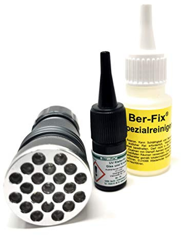 Ber-Fix® Colla UV con lampada set di colla per vetro e vetro metallo 3 g gel 2500 mPas compensa anche piccole imperfezioni con torcia UV 21 LED con detergente speciale da 20 g