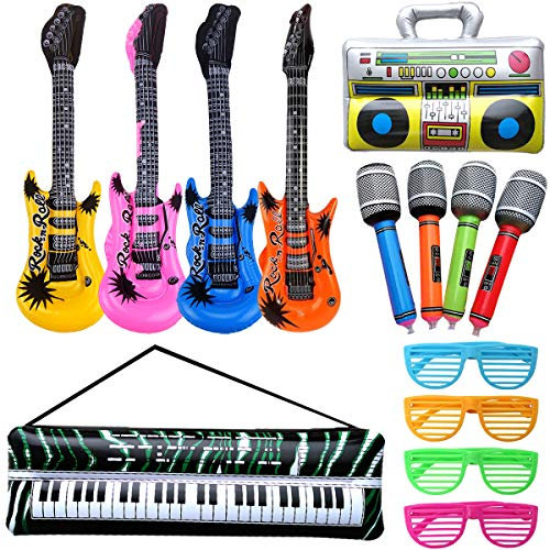 14Pcs Inflatable Guitar Party Decorations Favors, Inflatable Rock Star Balloon Set, Inflatable Party Supplies, Christmas Birthday Party Gifts, Party Props for Rock and Roll Theme 80s Party Decorations