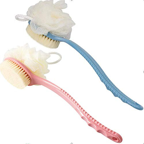 2 Pack Shower Body Brushes with Bristles and Loofah, Back Scrubbers Bath Mesh Sponge with Curved Long Handle for Exfoliating Skin, Massage Bristles Suitable for Wet or Dry, Men and Women (Blue & Pink)