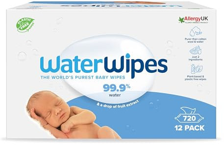 WaterWipes Sensitive+ Newborn & Baby Wipes, 720 Count (12 Packs), 3-In-1 Cleans, Cares, Protects, 99.9% Water, Unscented