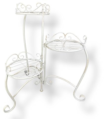 Crispe Blumenständer Blumenregal Blumentreppe mit 3 Etagen - zusammenfaltbar - Pflanzregal Pflanzenständer aus Metall - Höhe 56 cm - sehr stabil (Antikweiß)
