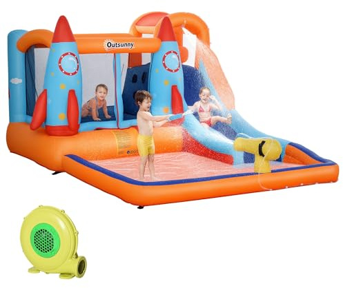 Outsunny Castello Gonfiabile per Bambini 5 in 1 con Scivolo, Trampolino, Piscina, Parete da Arrampicata e Pistola ad Acqua, Gioco Gonfiabile per 4 Bambini 3-8 Anni, 350x250x185 cm