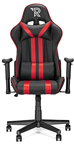 Ranqer Felix Gaming Stuhl - Professioneller Gaming-Sessel - Ergonomischer Gaming Stuhl - 2D-Armlehnen - 180° verstellbare Rückenlehne mit Kissen - Stabiles Nylon Gestell - Schwarz/Rot
