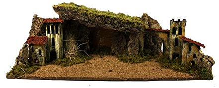 Presepe Scenario Completo in Sughero con Torri e con Grotta Tetto in Muschio Ambientazione 2 Livelli con Casette e casolari, 77x37 x h. 26 cm Vuoto Artigianale Napoletano Base in Legno