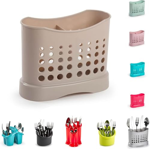 2 Compartment Sink Tidy Cutlery Drainer Holder, High Grade Plastic Utensil Drying Caddy for Kitchen & Home, Rustproof Storage Organiser for Washed Cutlery & Utensils