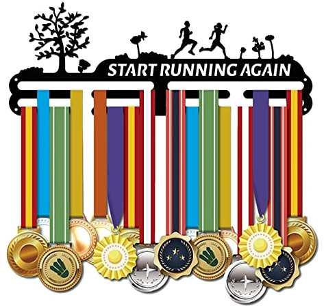 SUPERDANT Wettkampf Medaillenhalter Eisen Laufmuster Medaillen Aufsteller Motivierendes Wort „Start Running Again“ Eisen Medaillenhaken Für Wettkampf Medaillenhalter Zum Aufhängen An Der Wand 40x15cm