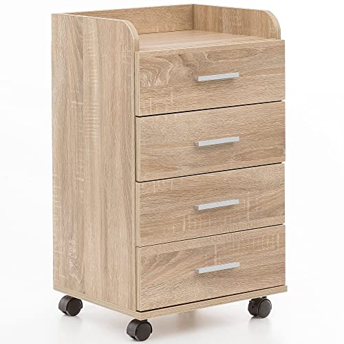 Rollcontainer WL5.749 40x70,5x33cm Sonoma | Schreibtisch-Container Rollschrank 4 Schubladen | Moderner Schubladencontainer mit Rollen | Standcontainer Bürocontainer Beistellcontainer