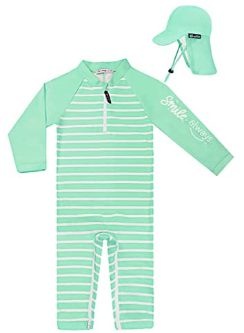 weVSwe Baby Boy Swimsuit Toddler Green Stripe Bathing Suit UPF 50+ Rash Guard Infant Swimsuit Swimwear with Swim Hat 18-24 Months