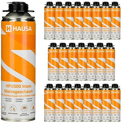 HAUSA Montageschaum HPU500 Maxx 24x 500ml grau B2 Pistolenschaum zum Verfüllen, Dämmen & Abdichten, extrem hohe Ausbeute, ausgezeichnete Dämm- & Isoliereigenschaften, Bauschaum für Schaumpistolen