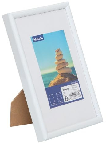 MAUL Bilderrahmen 15x21 cm aus Kunststoff | zum Hängen + Stellen in Quer- und Hochformat | edler, schmaler Wechselrahmen mit Passepartouteinleger | ideal für Fotos, Collage und Bilder | Weiß