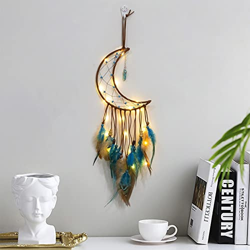 Bohemian Dekoration Dsaren Led Traumfänger Mädchen Handgefertigt | Dreamcatcher Spitze Federn Traumfänger Mond für Gute Träume Wandbehang Auto Raum Mädchen Kreatives Geschenk (Rosa)