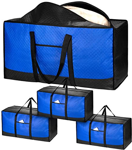 ● 4er-Pack 120L Extra große Aufbewahrungsbox mit Deckel zum Umziehen, starke Umzugskisten mit Reißverschlüssen für Kleidung, Bettdecken, Unterbetten, Reisen, Verpackung von Wäschesäcken.