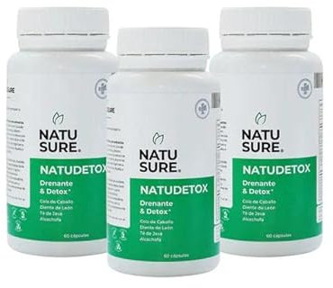 NATUSURE - NatuDetox Pack x 3 - Drenante Retención de Líquidos, Disminuye Hinchazón, Diurético Natural - Cola de Caballo, Diente de León, Té de Java y Alcachofa - Sin Azúcar Sin Gluten