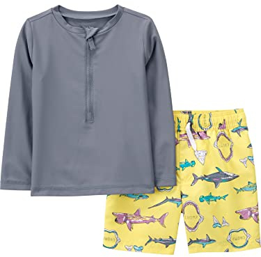 Simple Joys by Carter's Boys Swimsuit Trunk and Rashguard Rash Guard Set, Yellow Multi Shark, 4T US