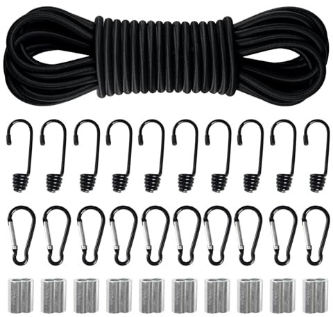 Corde Elastiche 10m x 6mm, Corda di Gomma con Ganci, Moschettoni, Doppi Manicotti in Alluminio, Corda Elastica Cavo Elastico per Teloni, Tende, Trasporto, Giardini e Portapacchi - Set Fai Da Te