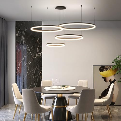 Mikeru Runde Pendelleuchte 4 Ringe, 30+40+60+80CM Moderne Wohnzimmerlampe 10%-100% Dimmbarer Hängeleuchte Ringe 3000K/4500K/6000K Deckenleuchte Schwarz LED Pendelleuchten für Büro/Halle