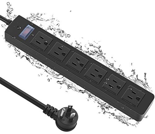 Outdoor Power Strip Waterproof with 6 Outlets, Garden Weatherproof Surge Protector, Christmas Multiple Outlet Exterior Socket for Lighting Appliances. 6FT Extension Cord Strip with Flat Plug. Black