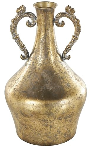 Deco 79 Metal Decorative Vase Weathered Vintage Amphora Centerpiece Vase with Ornate Scroll Handles, Flower Vase for Home Decoration 7 x 7 x 12, Gold