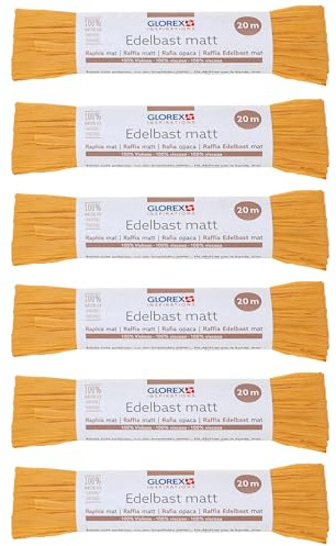 GLOREX 6 9400 501K - Raffia Edelbast, 6 Bündel je 20 m matter Bast, Gelb - zum Basteln, zur Dekoration oder für Gestecke, Sträuße und andere floristische Arbeiten