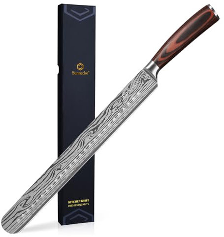 Sunnecko Slicing Knife 12 Inch, Sharp Carving Knife with High Carbon Stainless Steel Forged Blade, Wooden Handle with Sheath for Bread, Ham, Brisket, Meat