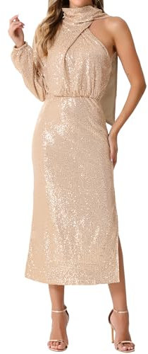 Allegra K Donna Abito Lungo Sexy da Festa Scintillante con Maniche Lunghe E Paillettes Monospalla Champagne M