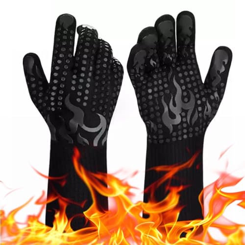 Defresit BBQ Gloves, Oven Mitts, 800°C/1472°F Heat Resistant, Silicone Non-Slip, Long Kitchen Gloves for Barbecue, Cooking, Baking, Cutting (Black)