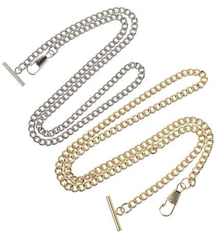 DEARMAMY 2 Stück Vintage Taschenuhrkette aus Eisen mit T-Steg, Silber | Jeansgürtelkette mit Karabinerverschluss, Retro Design, für Herren und Damen