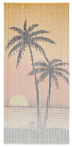 puraday Innere Vorhänge Mehrfarbig 90x200 cm Raumgestaltung Bambusvorhang Palme-Aufdruck Türvorhang für Privatsphäre und Wärmedämmung Leise Gardinen für Balkone Wohnungen