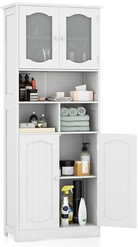 COSTWAY Bathroom Tall Cabinet, Freestanding Storage Cupboard with Tempered Glass Doors and Open/Adjustable Shelves, Wooden High Floor Storage Cabinet for Living Room Kitchen Hallway, 148cm (White)
