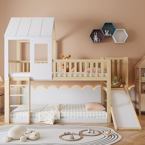 Moimhear Litera con tobogán, Cama-casita con Techo y Ventana, Cama Infantil con protección anticaídas y barrotes, Estructura de Pino (Color Madera+Blanco, 90x200cm)