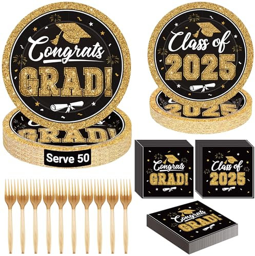 QZYL 200Pcs Graduation Party Supplies 2026, Black and Gold Graduation Plates and Napkins, Disposable Grad Dessert Plates and Plastic Forks, Graduation Party Tableware for 50 Guests