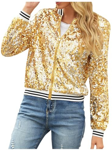 Damen PaillettenBlazer Glitzer Cardigan Jacke Langarm Glitzer Bomberjacke Party Club Jacke Pailletten- Damen Tailliert Anzugjacke Glitzer Tops Kurz Oberteile Glitzer Outfits Streetwear (04 Gold, M)