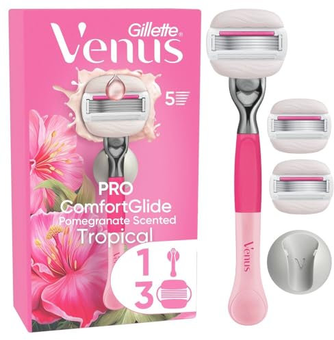 Gillette Venus Pro ComfortGlide Tropical Damenrasierer mit Granatapfel Duft (und Olay Feuchtigkeitscreme), Ersatzklingen, langlebiges Metallhandstück und Duschhalterung
