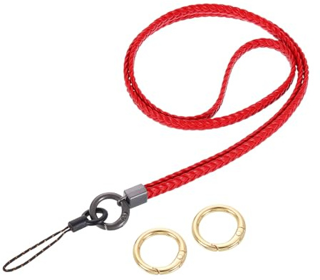 sourcing map Woven Neck Lanyard, 15.4 Leather Handmade Keychain Strap ID Badges Holder Lanyard for Clutch Cellphone Keychain Wallet Purse Accessories, Red
