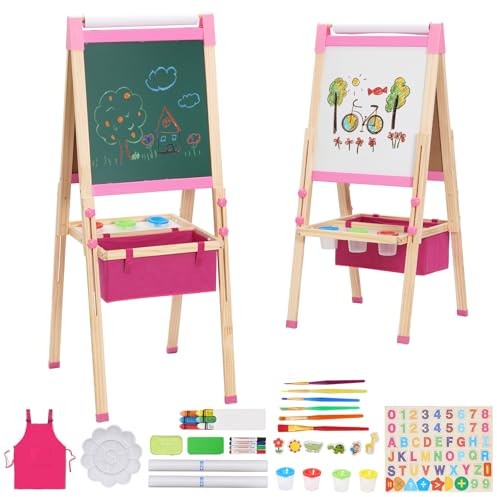 3 in 1 Lavagna per Bambini con Rotolo di Carta,Contenitore e Set da Disegno,Cavalletto Artistico Pieghevole,Lavagna Doppia Faccia,Tavolo da Disegno per Bambini Dai 3 Anni in Su Rosa