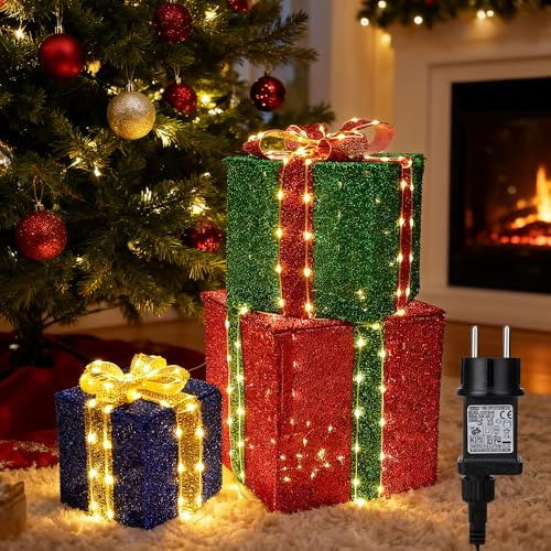 iBaycon Weihnachtsbeleuchtung Beleuchtete Geschenkboxen,160 LED Lichterkette Außen Weihnachten,Timer Geschenkboxen Weihnachtsdeko Warmweiß Weihnachtsbeleuchtung Außen Garten Rasen Hof,3 Stück