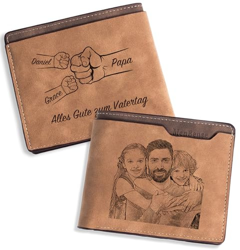 Easycosy Vatertagsgeschenk für Papa Männer, Personalisierte Geldbörse Herren mit Foto & Namen - Leder Geldbeutel Portmonee mit Gravur Großbuchstabe - Geschenke für Männer Papa Opa zum Vatertag