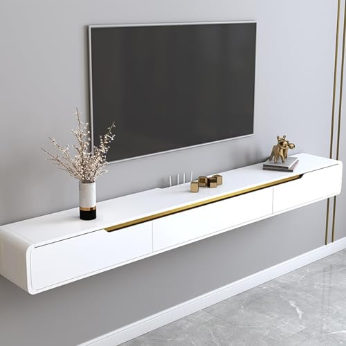 Massivt trä flytande TV-bänk, Med 2 lådor flytande TV-skåp, Väggmonterad flytande TV-möbel, Helmonterad väggmonterad vardagsrums-TV-möbel (Vit B, 140cm)