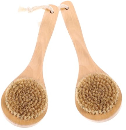 Spazzola da Bagno Setole di Cinghiale Testa Rotonda 2 Pezzi | Manico Corto in Legno, Colore Beige, Design Ergonomico, Facile da Pulire