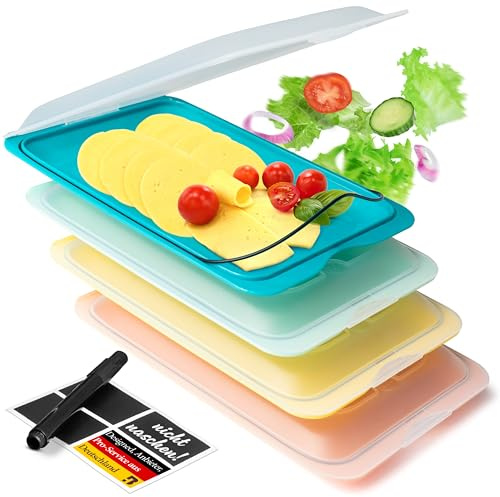 BUNDHEIM® Aufschnittboxen für Kühlschrank 4er Set | Aufschnittbox stapelbar ideal zur Wurst Aufbewahrung Kühlschrank | Frischhaltedosen mit Deckel inkl. Kreidestift und 4 Tafel-Etiketten (polychrom)